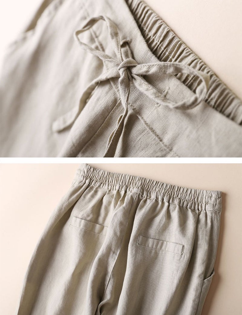 IXIMO Women's Tapered Pants 100% Linen Drawstring Back Elastic Waist Pants Trousers with Pockets (Khaki, S) - Image 3